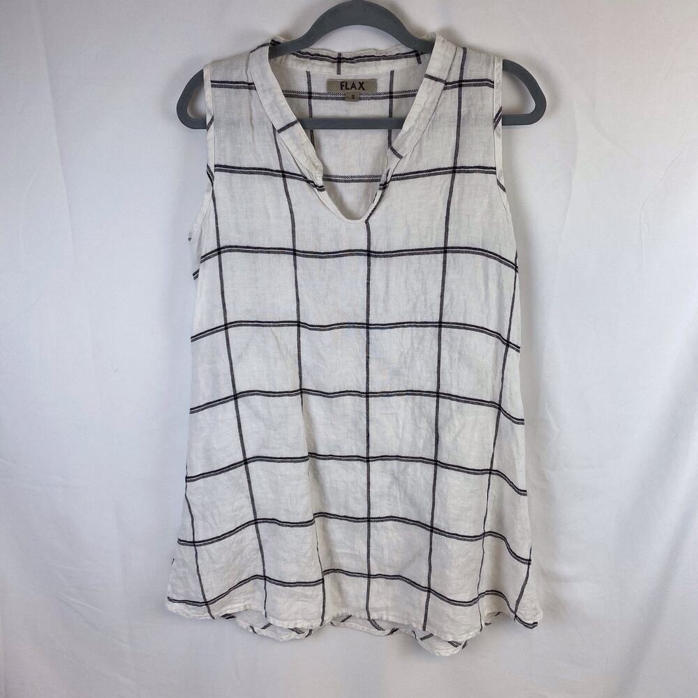 FLAX 100% Linen White Tunic Tank Top Key Hole Button Front Plaid Size Small